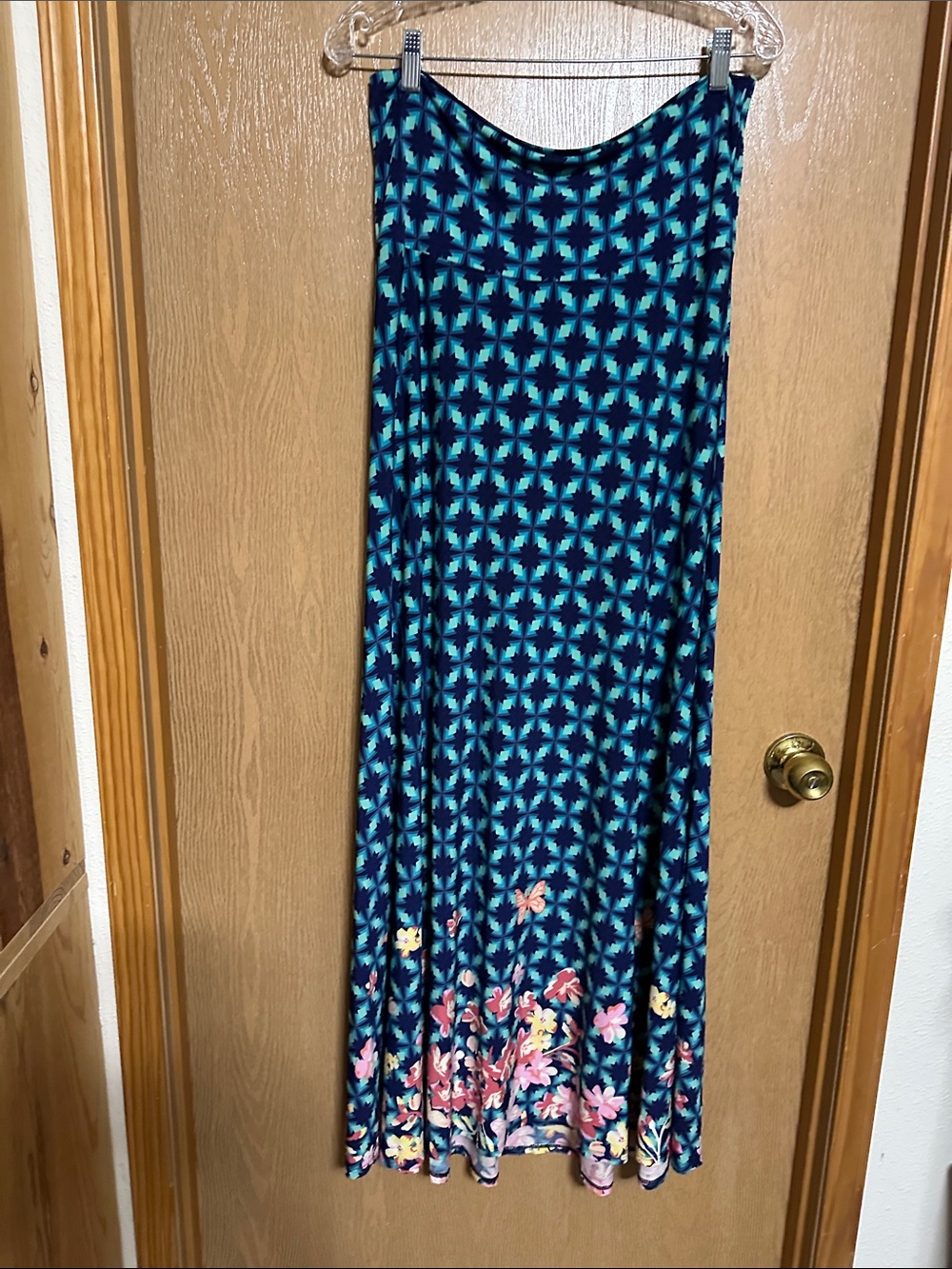 LuLaRoe Teal and Navy Maxi Skirt with Floral Border